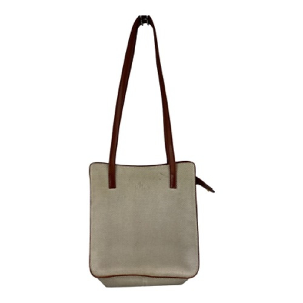 Monsac Womens Shoulder Tote Bag Beige Fabric Brown Leather Trim Strap Pocket Zip